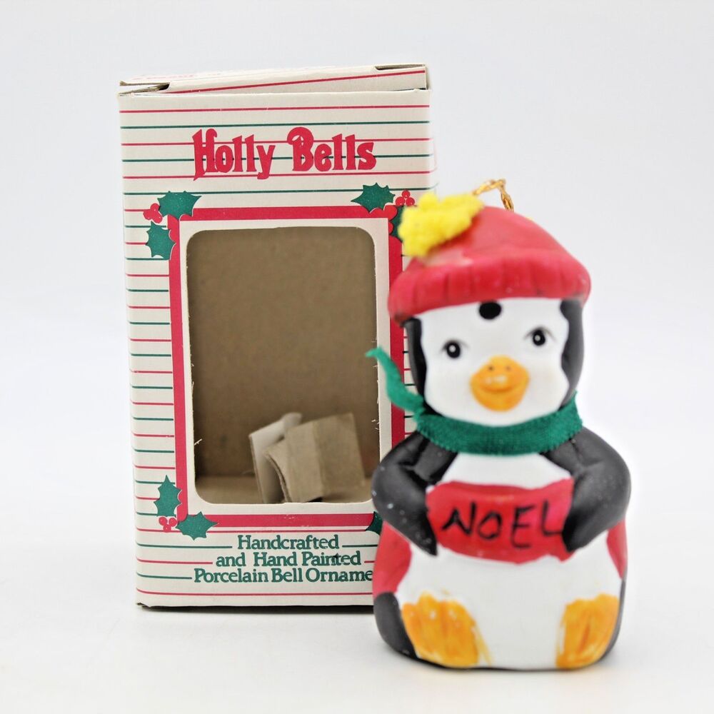 Holly Bells Porcelain Penguin Bell Ornament Vintage 1986 Original Box b